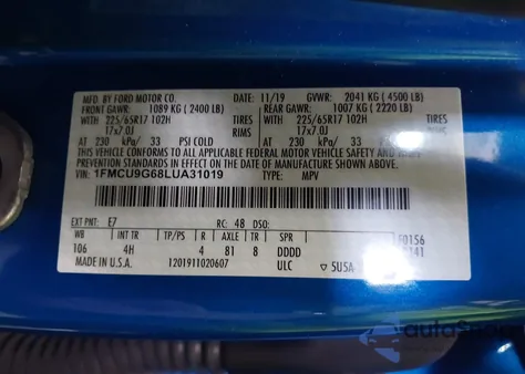 2020 Ford Escape Se из США, поврежденный, VIN 1FMCU9G68LUA31019